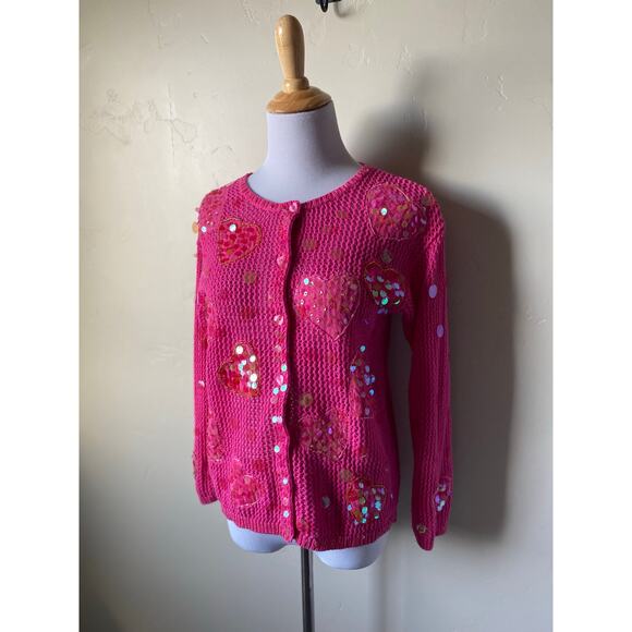 Jack B Quick Hot Pink Crochet Knit Sequin & Bead Valentine's Day Heart Cardigan - Picture 12 of 14